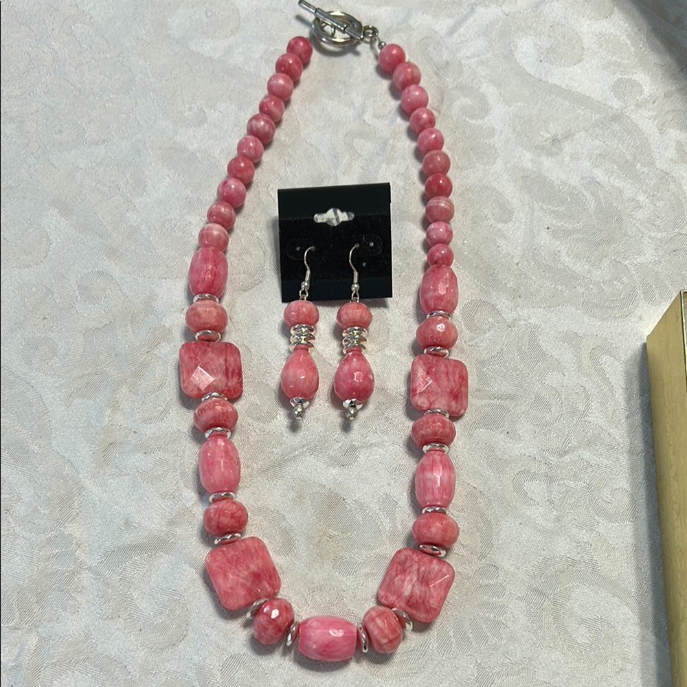 Rhodochrosite Jade Gemstone Elegant Pink Beaded Necklace and Earring